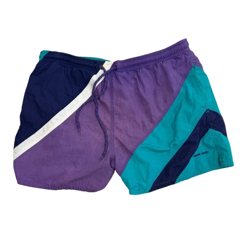 Vintage Pierre Cardin Swim Trunks Mens L Purple Teal Colorblock 80s 90s Retro